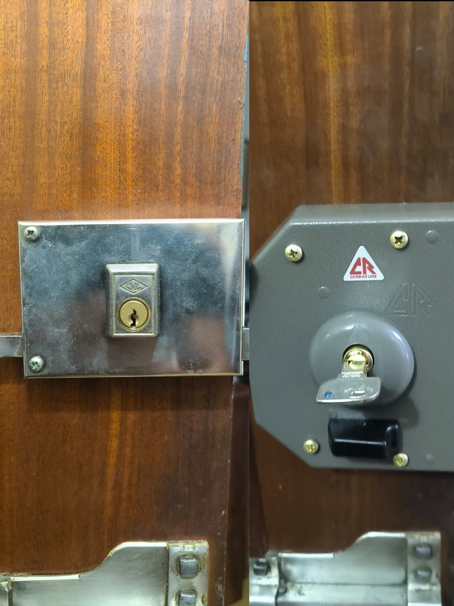 Cerradura de sobreponer y cerradura CR en puerta de madera
